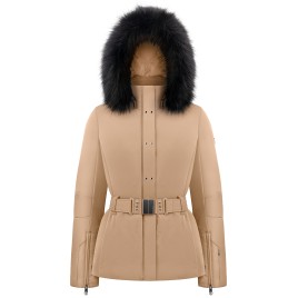 Womens stretch ski jacket almond brown with fake fur