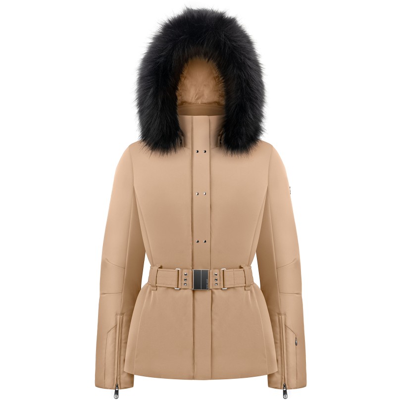 Womens stretch ski jacket almond brown with fake fur